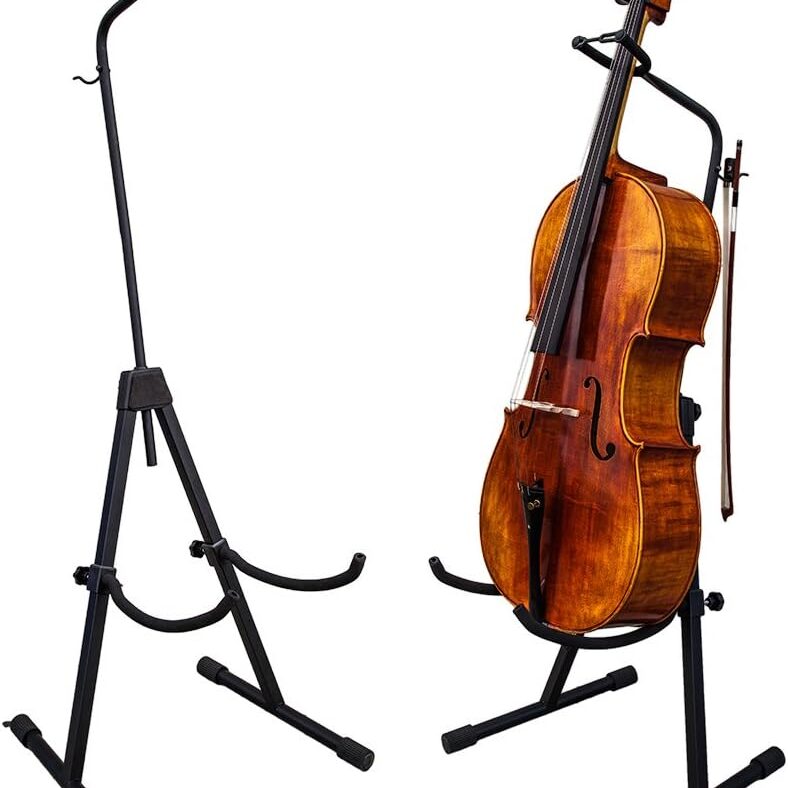 A cello is standing upright on its stand.