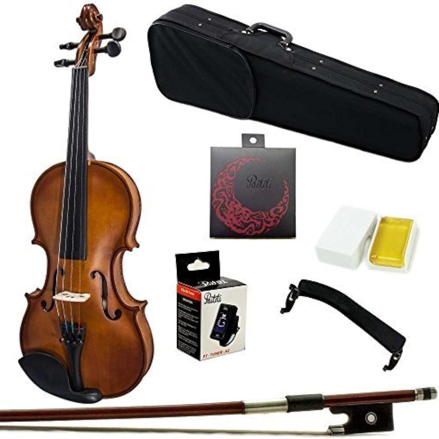 A violin with its accessories and case.